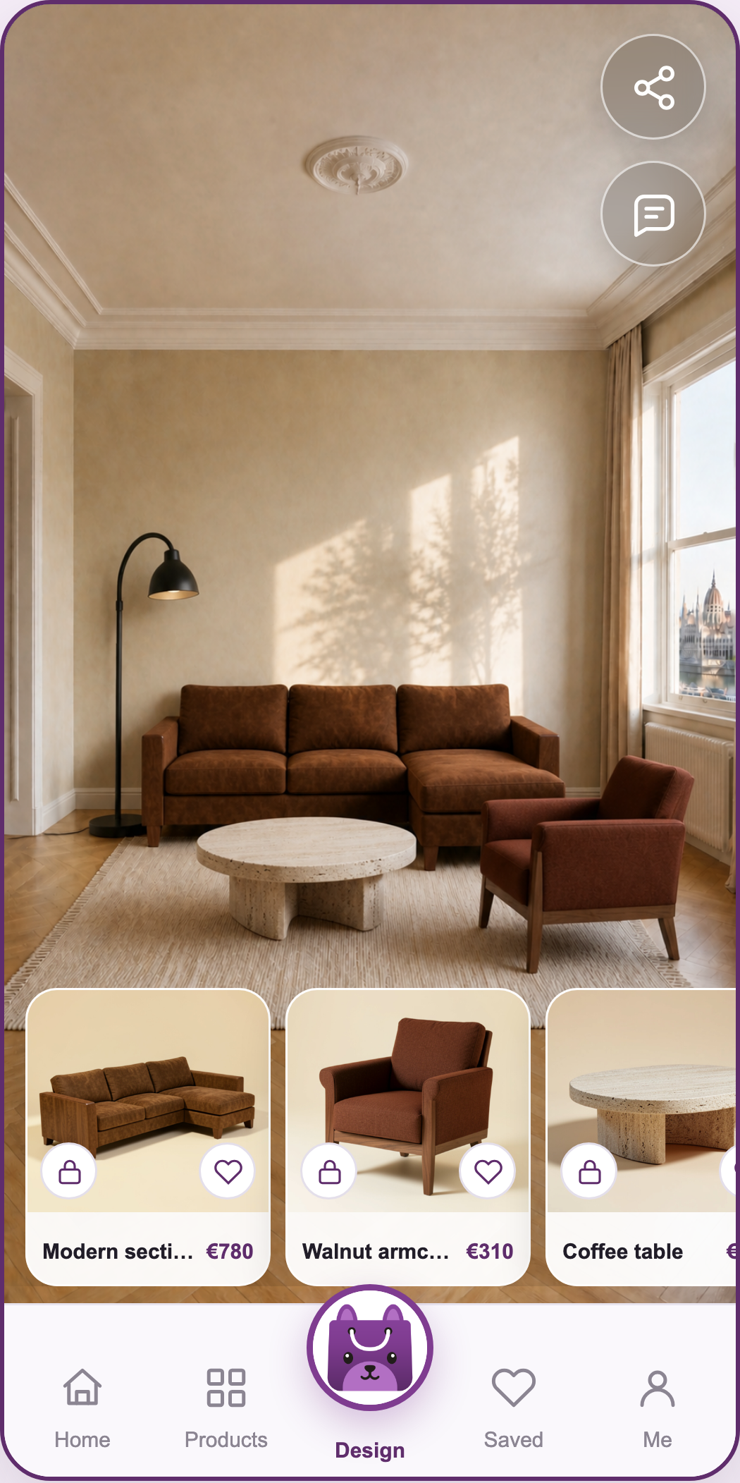 A VUVE room design with three product cards below it