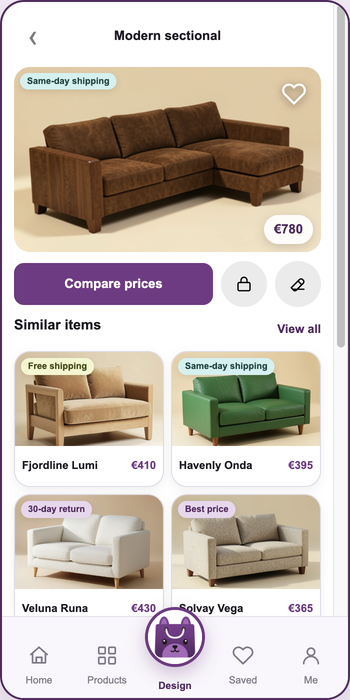 VUVE showing a selected product, a Compare prices button and visually similar alternatives